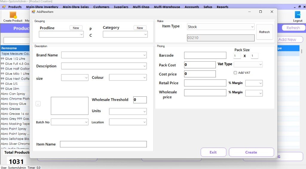 EasyTrack Add New Item screen with product line, category, description, barcode and pricing