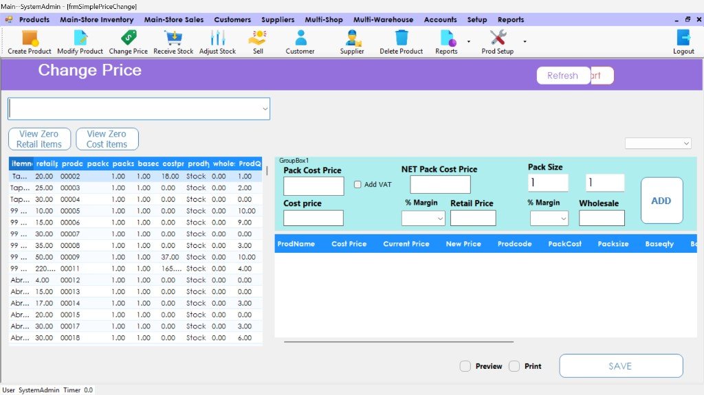 EasyTrack Change Price screen with cost, retail and wholesale margins