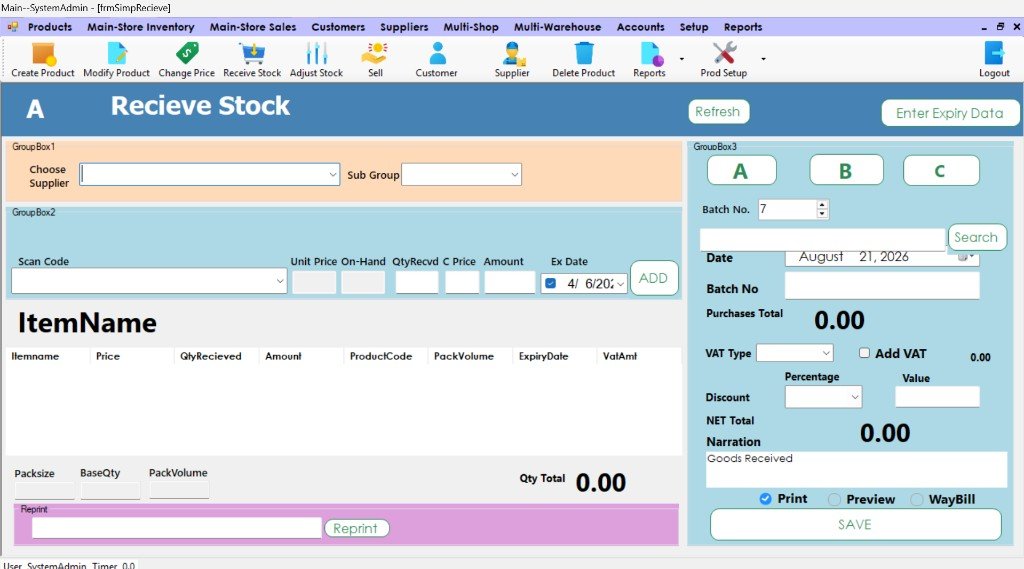 EasyTrack Receive Stock screen with supplier, scan code and goods received totals