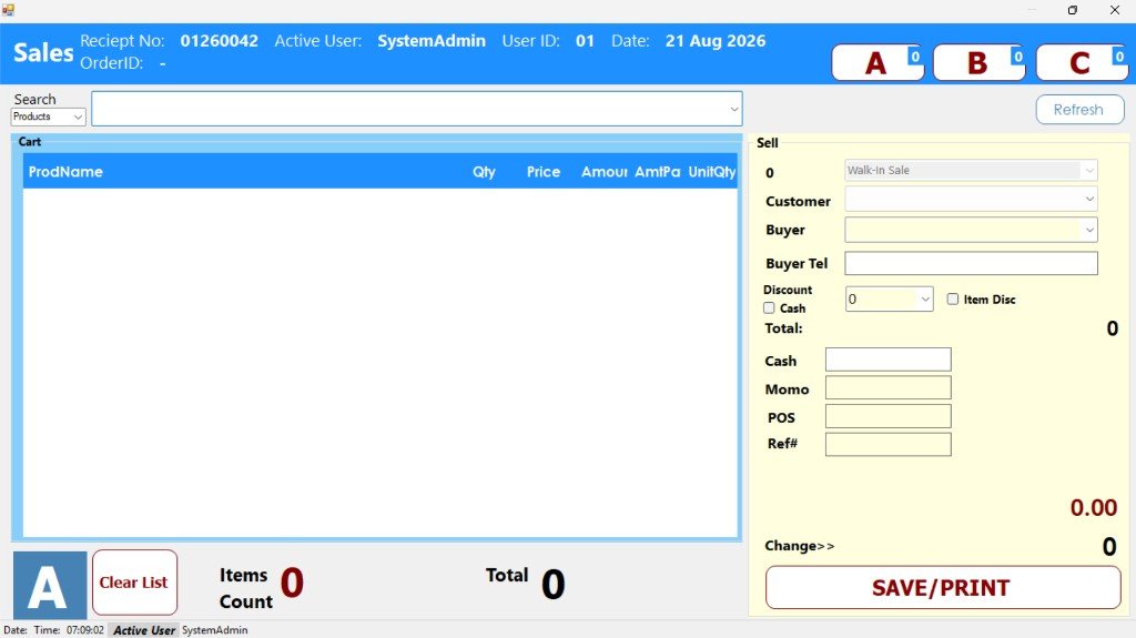 EasyTrack Sales screen with cart, cash, MoMo and POS payment